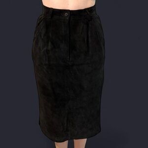 Vintage Black Suede Leather Midi Pencil Skirt with Slit in Back Size 2